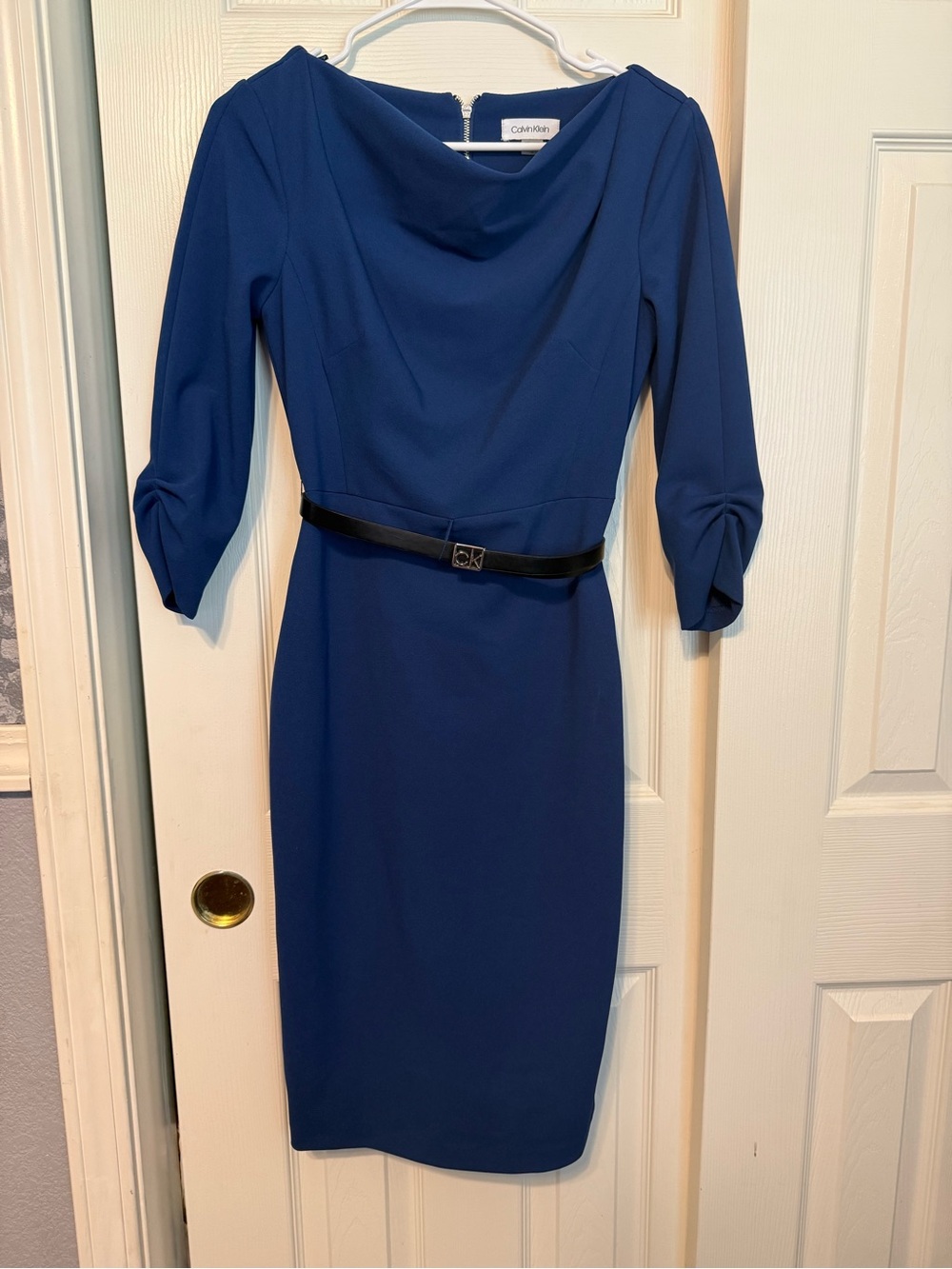 Calvin Klein Cobalt Blue Midi Sheath Dress with Black Belt